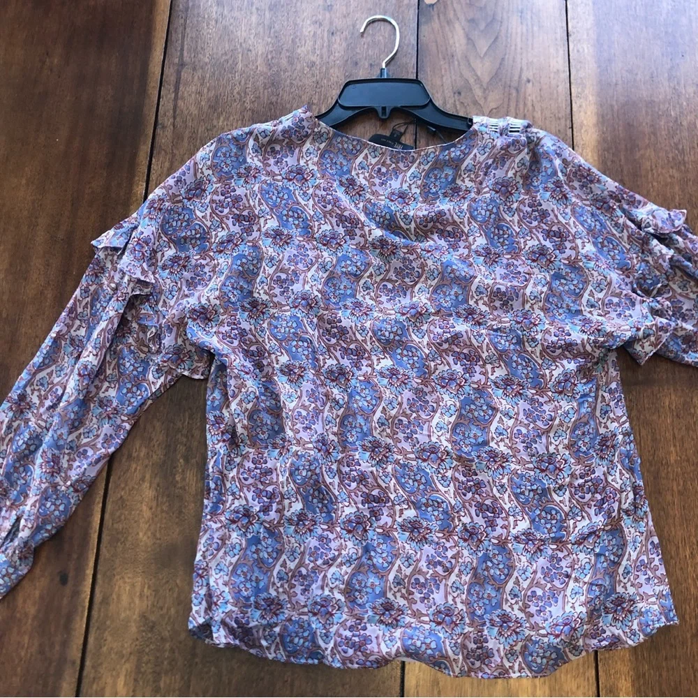 Frye purple floral long sleeve ruffle v neck blouse sheer boho tunic peasant - Picture 9 of 11